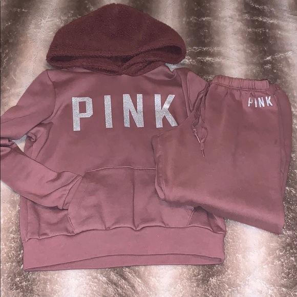 PINK Victoria's Secret Tops - Pink Sweat Suit Sherpa Hoodie and Jogger Pants